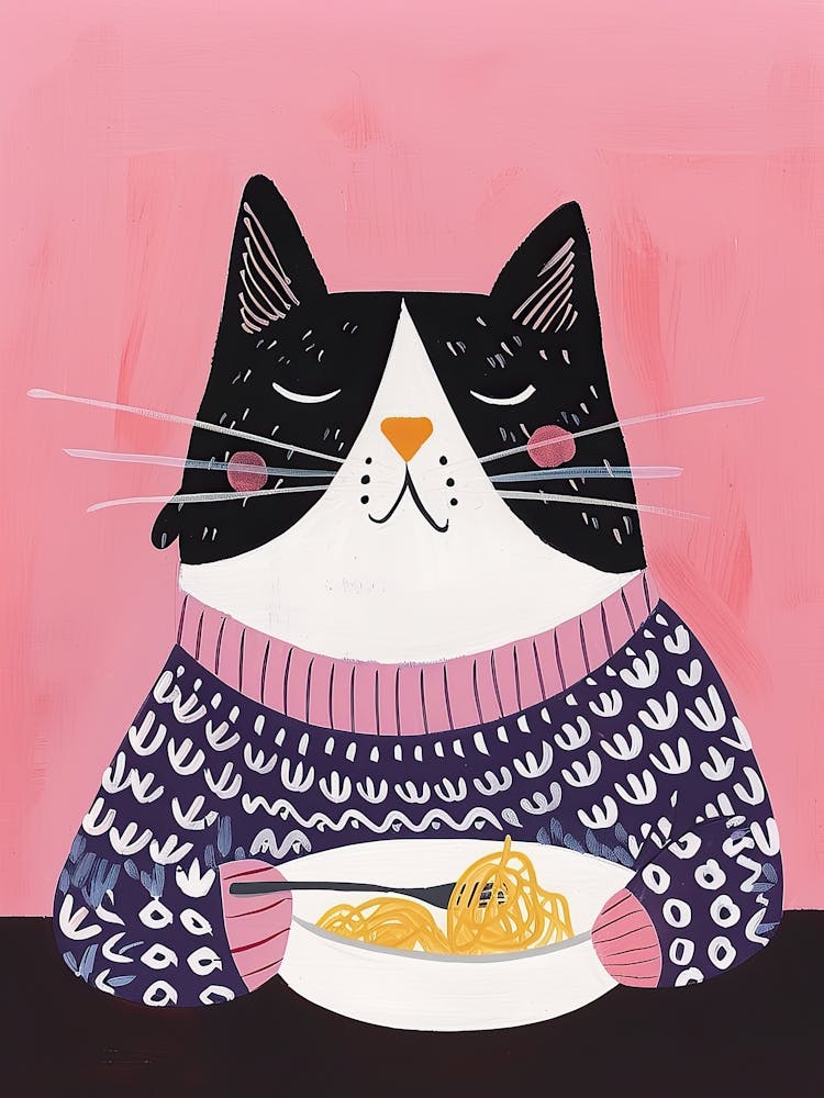 Black And White Cat Eating Pizza Folk Illustration 3
