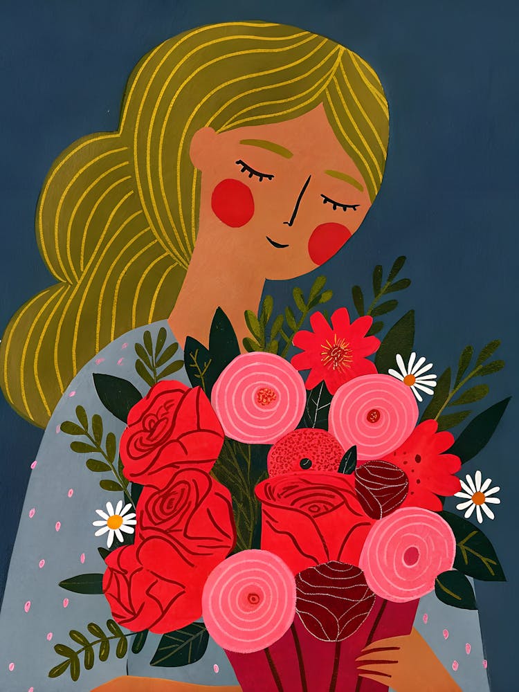 Woman Girl with Bouquet of Roses, Red Cheeks, Blonde