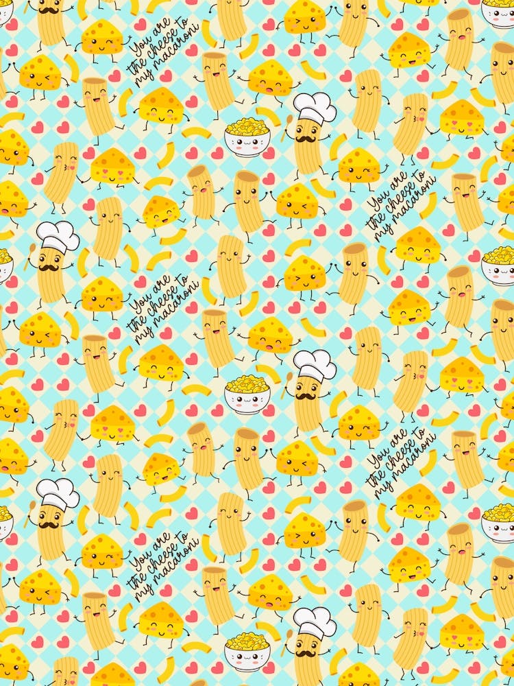 Playful Macaroni and Cheese on a Baby Blue Checkered Background with Hearts
