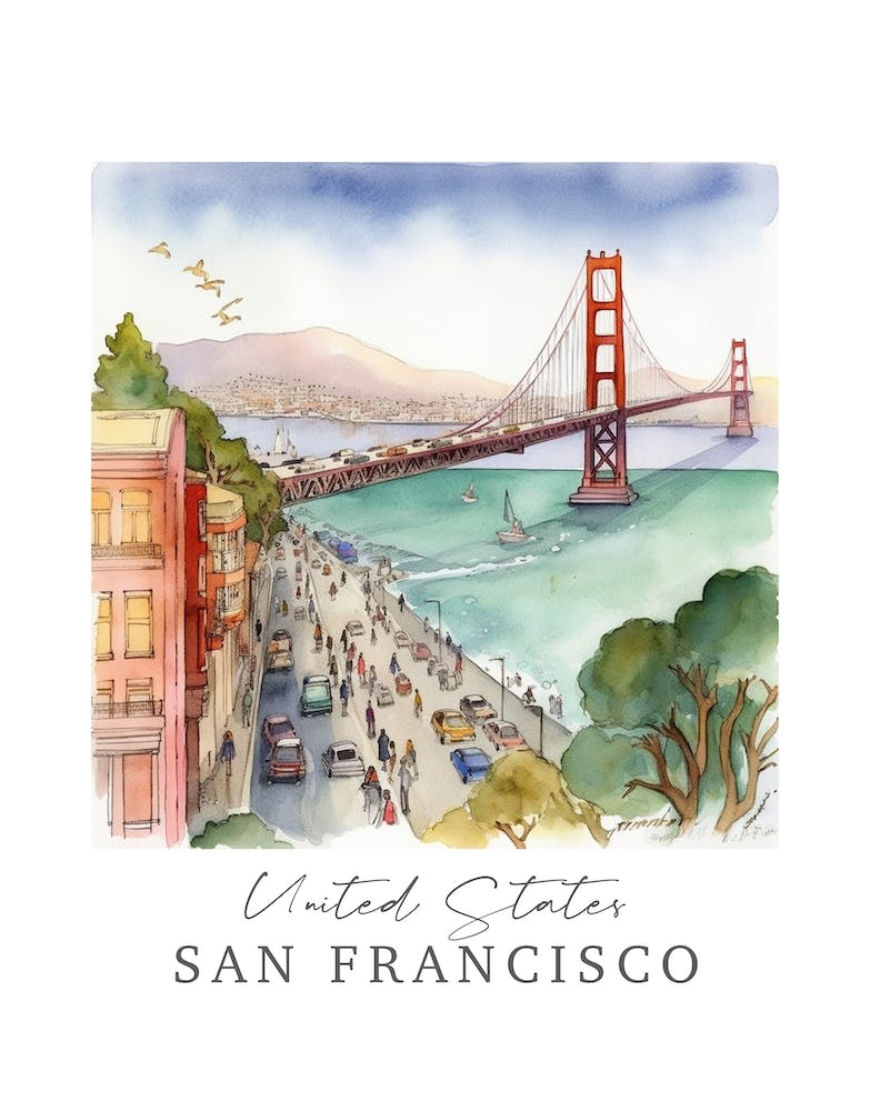 United States San Francisco Storybook 1 Travel Poster Watercolour
