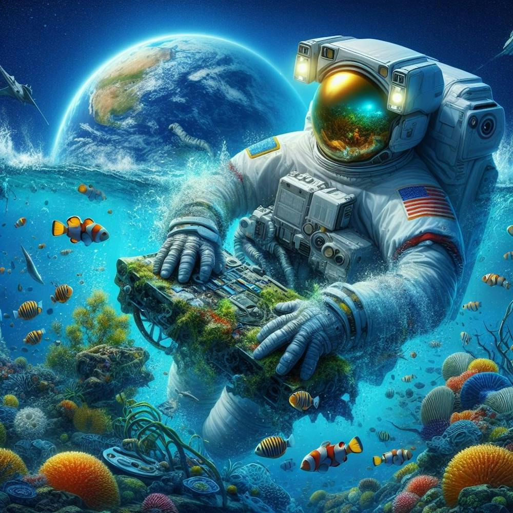Distant Astronaut Falling Under The Ocean