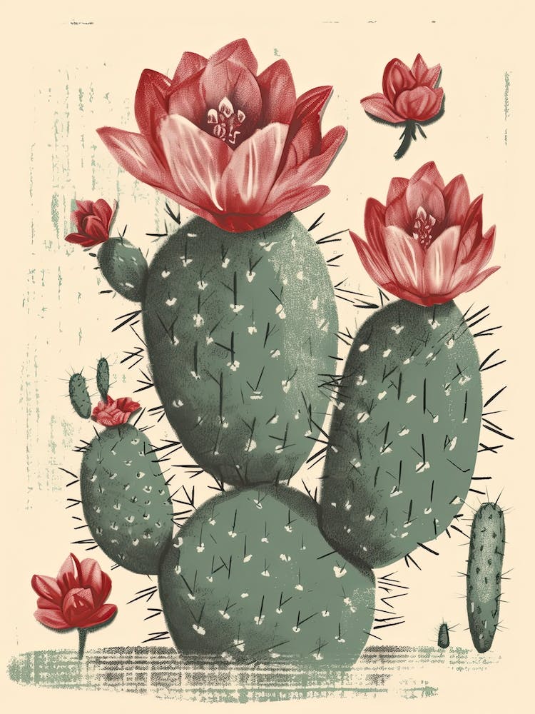 Cactus With Red Flower Vintage Illustration