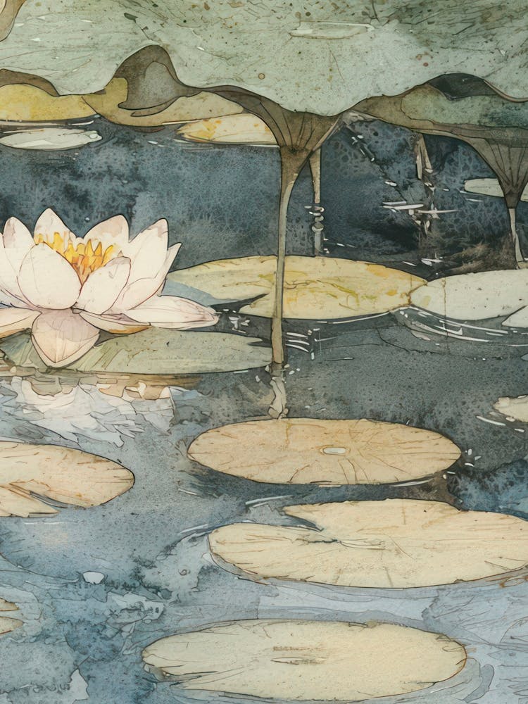 Water Lilies Print Vintage Flowers Pond Watercolour 3