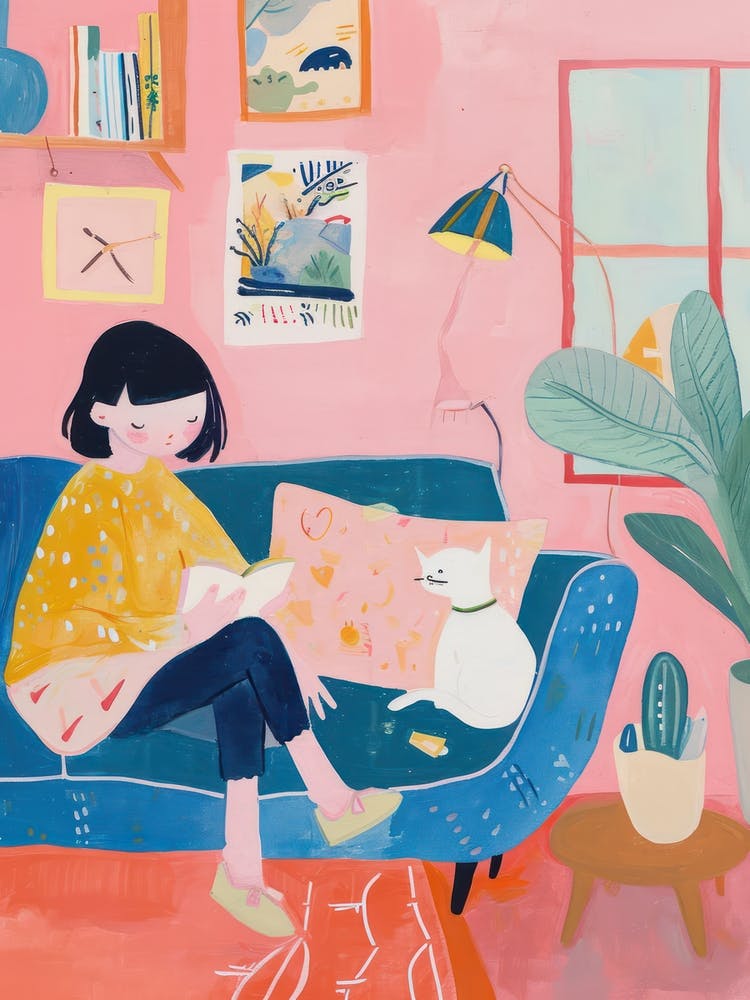 Mädchen auf dem Sofa mit Haustieren TV Lo Fi Kawaii Illustration 5