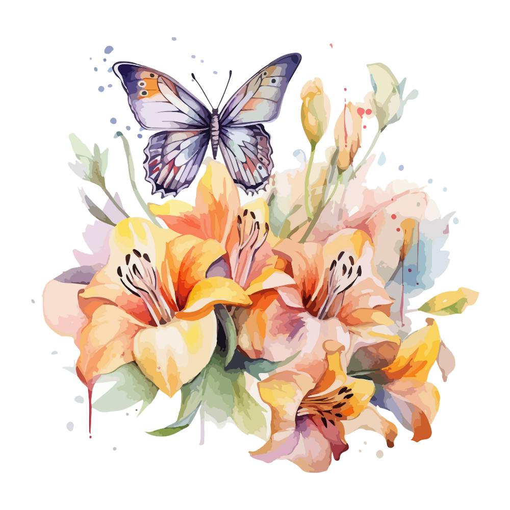 Watercolor Lily And Butterfly