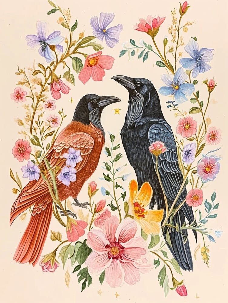 Folksy Floral Animal Drawing Raven