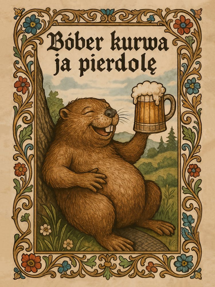 Drunk Bober – Polish Beaver Meme Poster: Meet Bober the drunk beaver – beer in hand, drunk and cursing in full "Bober Kurwa ja pierdole" meme mode. This retro cartoon blends Polish humor, kurwa energy, and medieval folk art style. With floral frames and Bavarian charm, it’s the perfect funny animal poster for fans of absurd jokes and nature-based comedy.