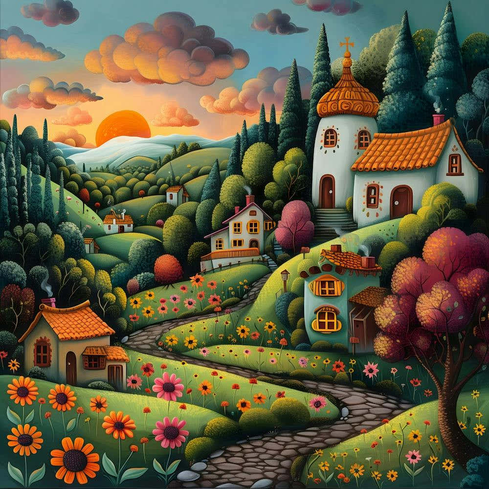 Sunset In The Village, Naive, Whimsical, Folk 1