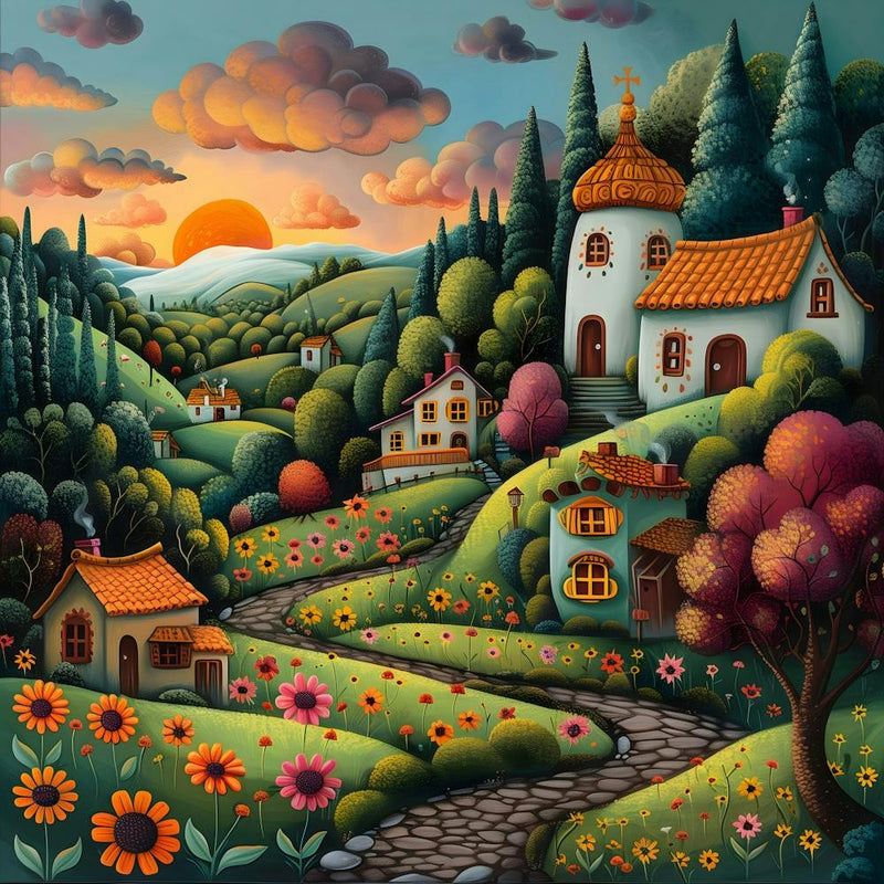 Sunset In The Village, Naive, Whimsical, Folk 1