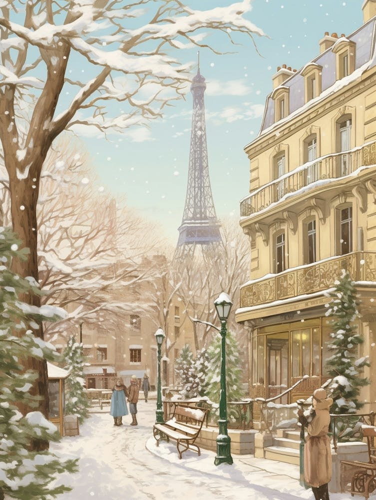 Vintage Winter Illustration Paris France 1