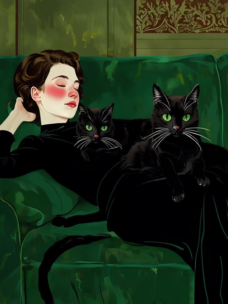 Decadent Young Woman After The Dance With Black Cats Green Sofa