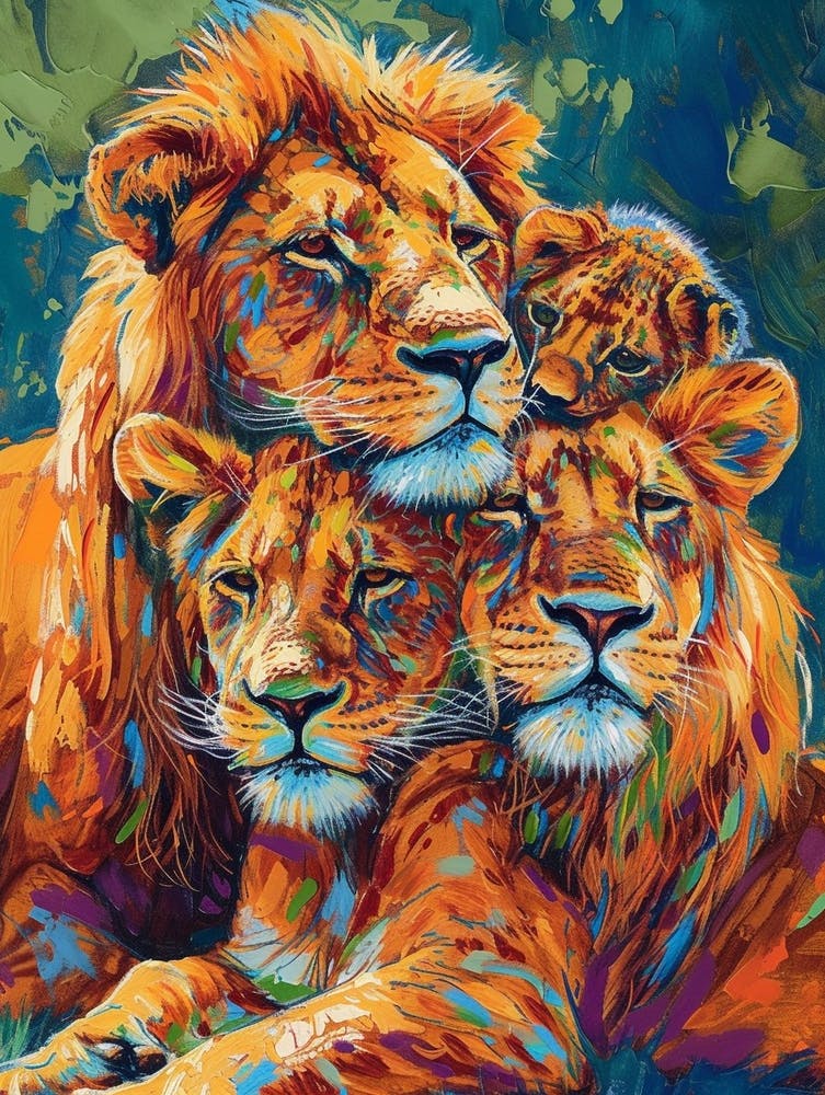 Asiatic Lion Family Bonding Fauvist Painting 1