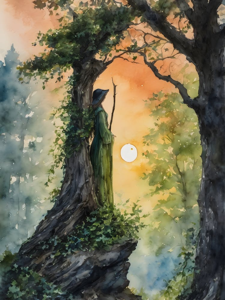 The Watcher ~ A protective forest guardian spirit keeps watch at sunrise, ivy witchy woods witch pagan wheel of the year wiccan spiritual awakening third eye watercolor painting yoga manifesting law of attraction gothic
