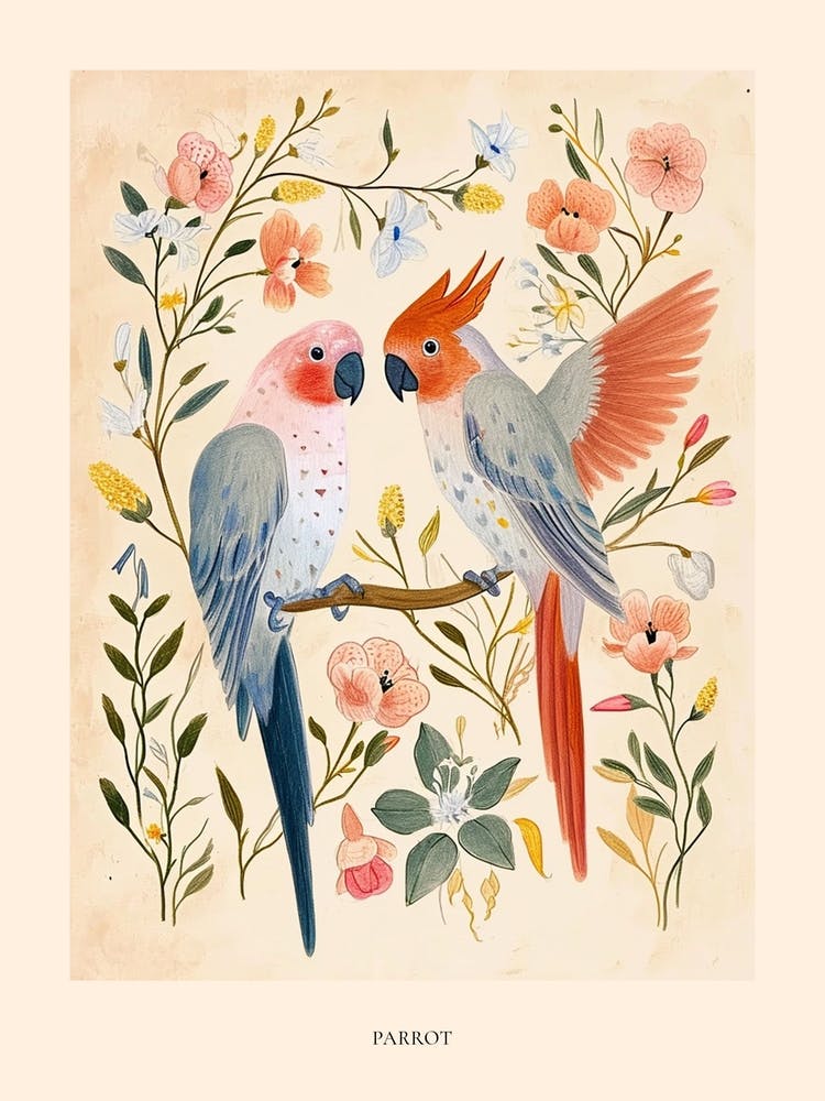 Folksy Floral Animal Drawing Parrot 2 Poster