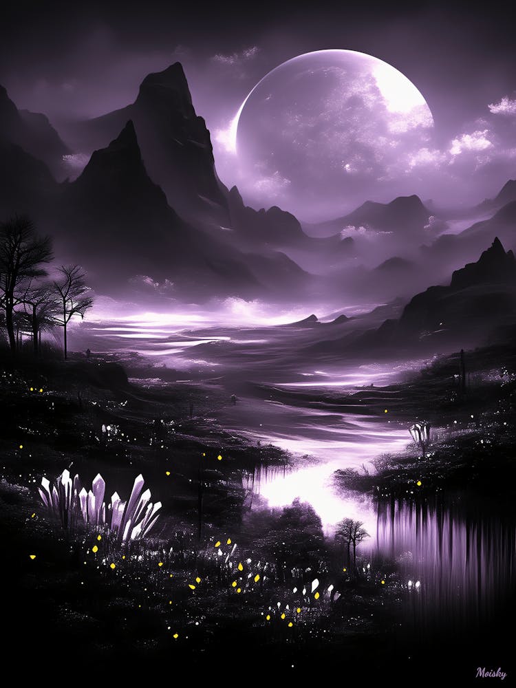 Mystic Moonlit Valley – Monochrome Fantasy Poster