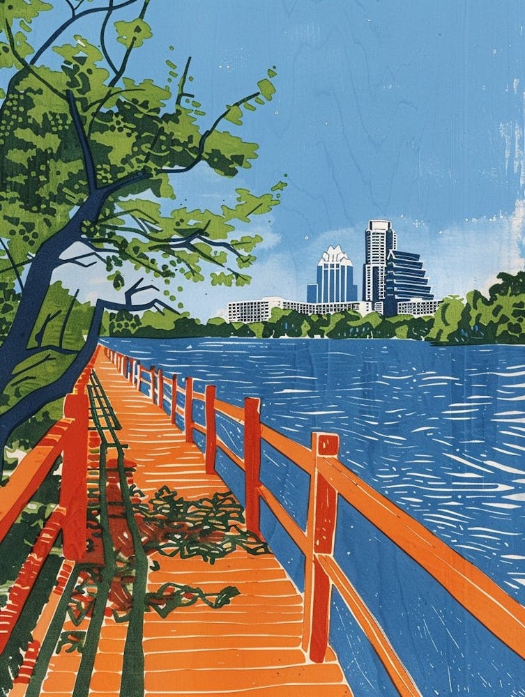 Lady Bird Lake And The Boardwalk Austin Texas Colourful Blockprint 3