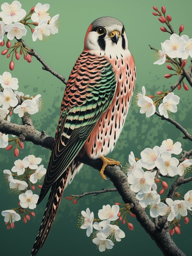 Ohara Koson Inspired Bird Painting American Kestrel 1