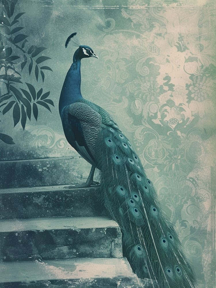 Vintage Peacock On Steps Cyanotype Inspired