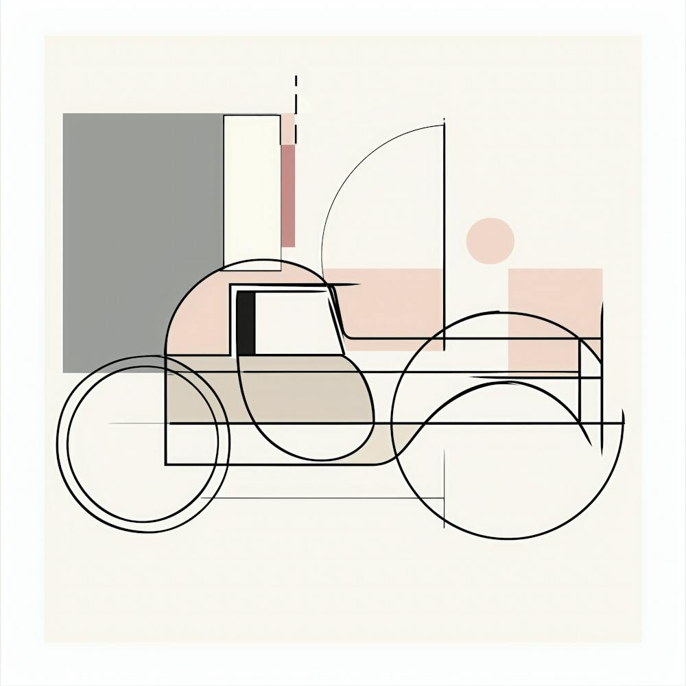 Elegante minimalistische abstrakte geometrische Formen, die ein altmodisches Auto in sanften Pastelltönen auf weißem Hintergrund bilden