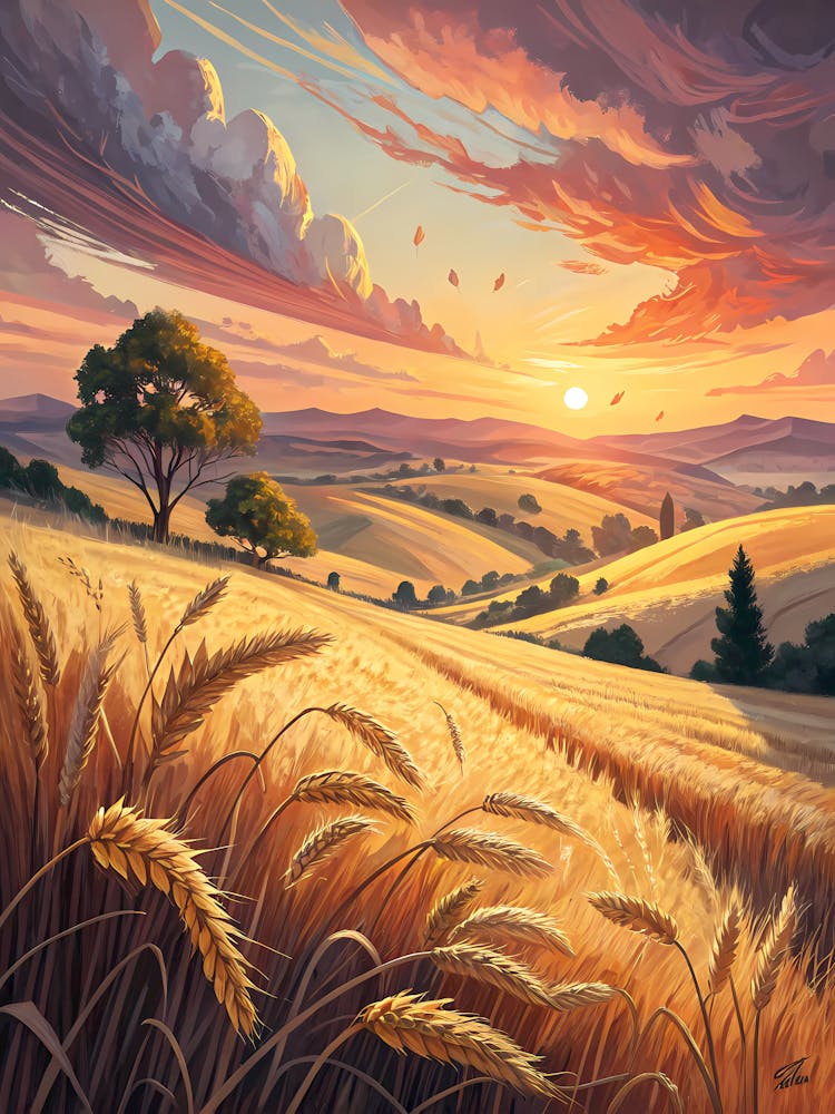 Textured Wheat Field Sunset Landscape Oil Painting