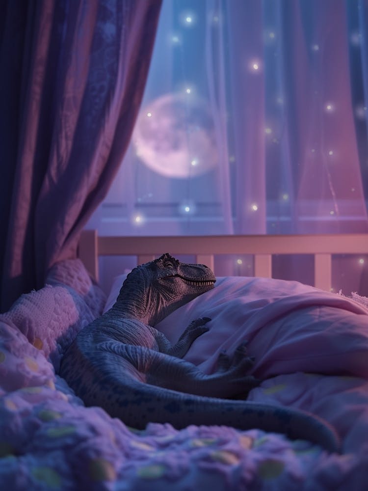 Toy Lilac Dinosaur Snoozing In Bed
