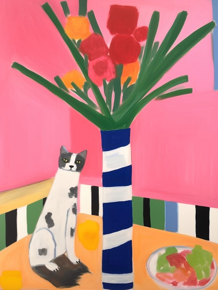 Ein Gemälde eines Stilllebens mit Gladiolen und einer Katze im Stil von Matisse 3