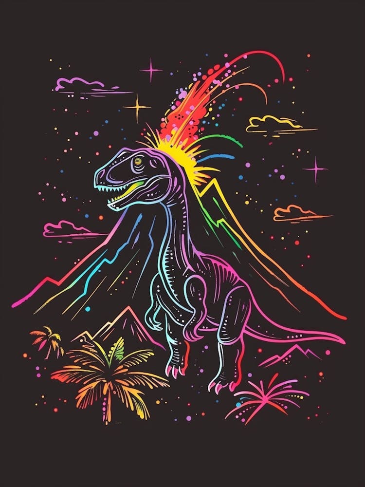 Neon Dinosaur With Volcano 3