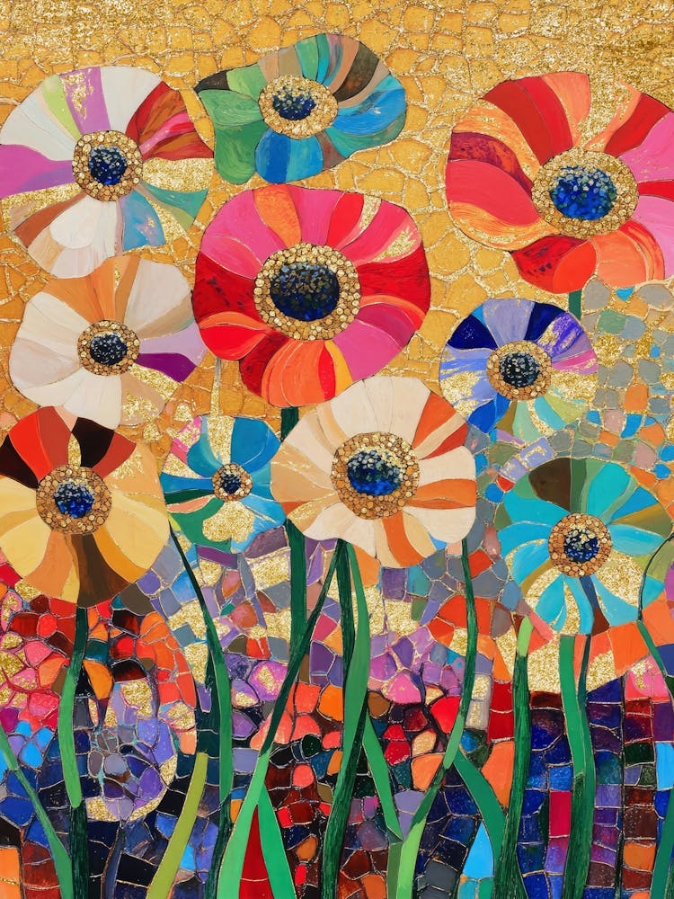 Gustav Klimt Style Mosaic Poppy Flower Art, Gold Leaf Bold Mixed Media Abstract Floral Wall Art for Eclectic Living Room, Colorful Modern Bedroom, Boho Office, Vibrant Interior Decor in Jewel Tones