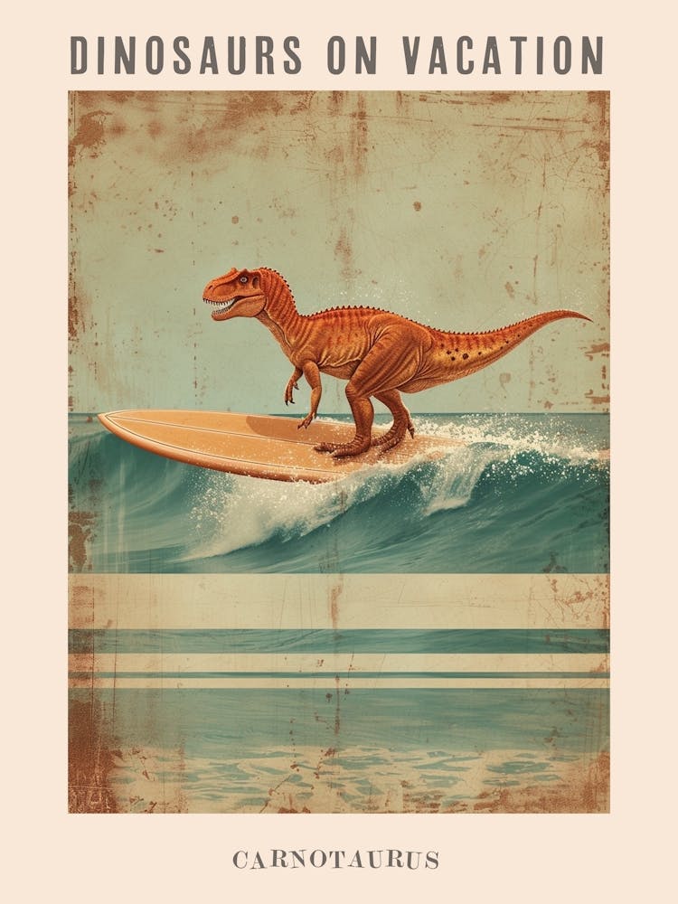 Vintage Carnotaurus Dinosaur On A Surf Board 2 Poster