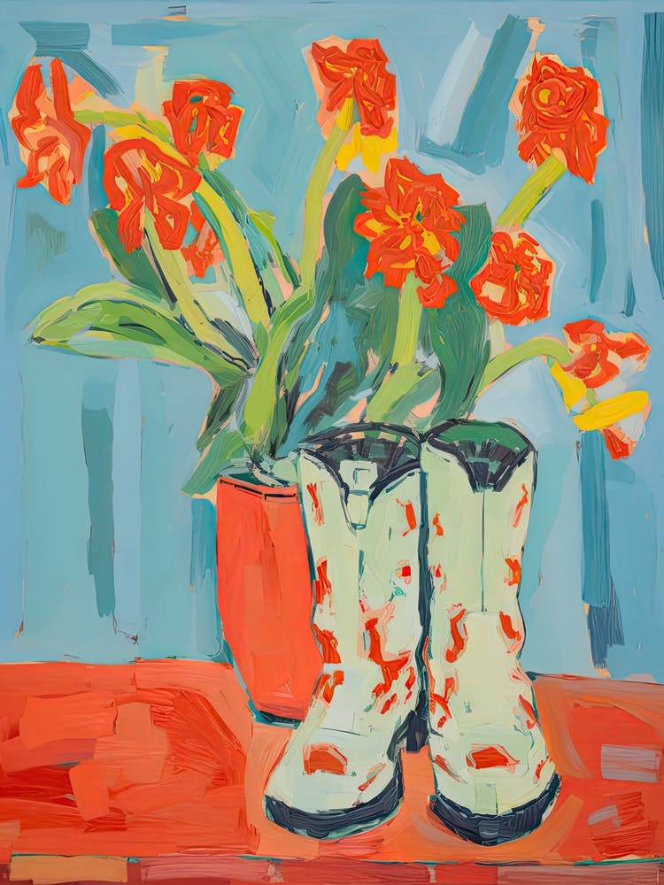 Painting Of Orange Flowers And Cowboy Boots, Oil Style