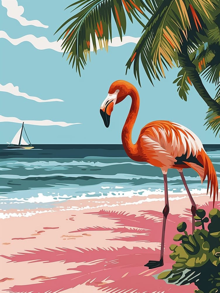 Greater Flamingo Pink Sand Beach Bahamas Tropical Illustration 2