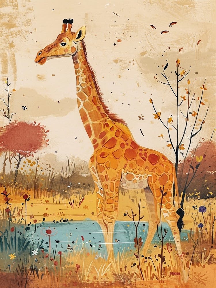 Giraffe By The Watering Hole Watercolour Illustration 4