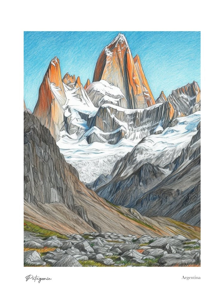 Patagonia Argentina Pencil Sketch 3 Watercolour Travel Poster