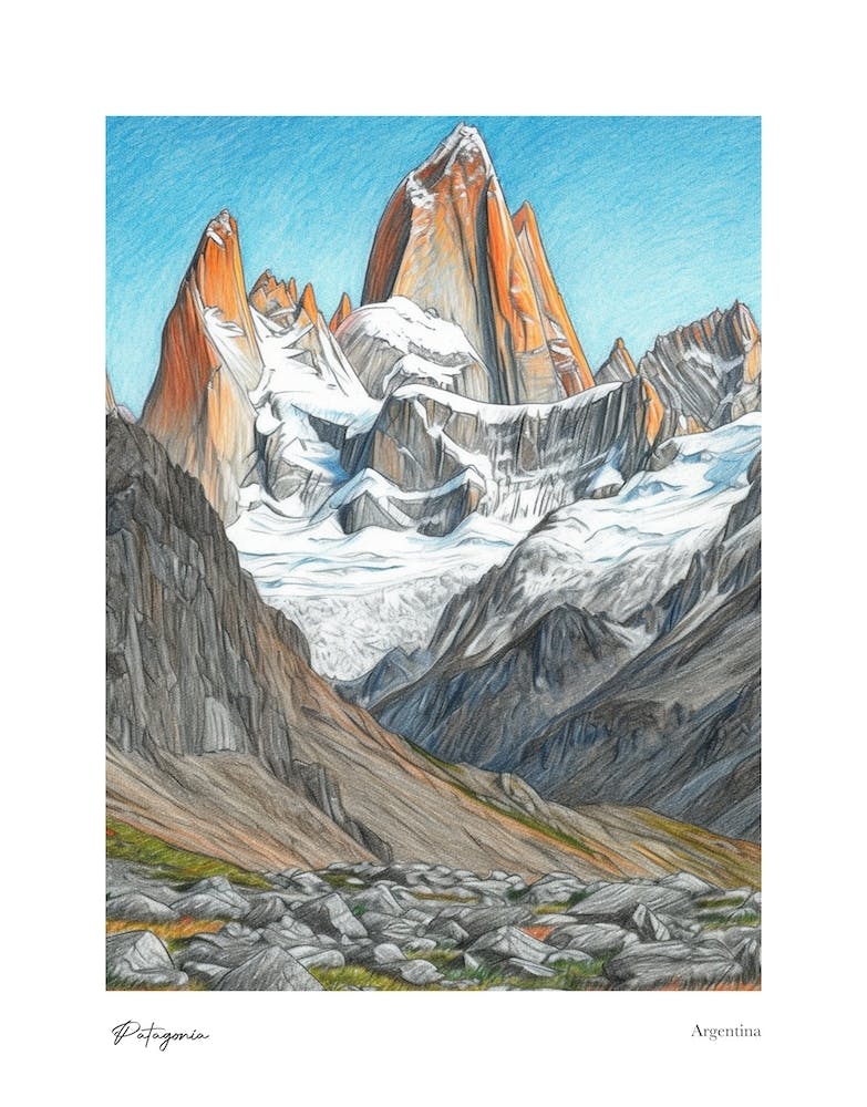 Patagonia Argentina Pencil Sketch 3 Watercolour Travel Poster