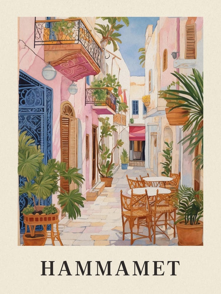 Hammamet Tunisia 2 Vintage Pink Travel Illustration Poster