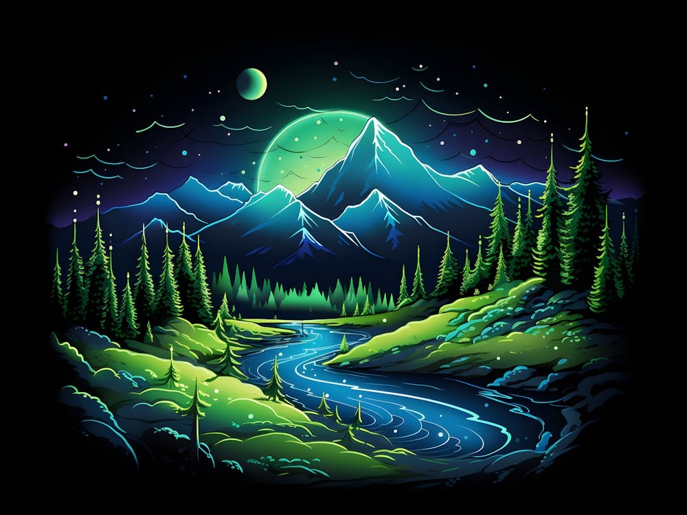 Nature Neon Green Blue Mountains River Trees Dark Abstract