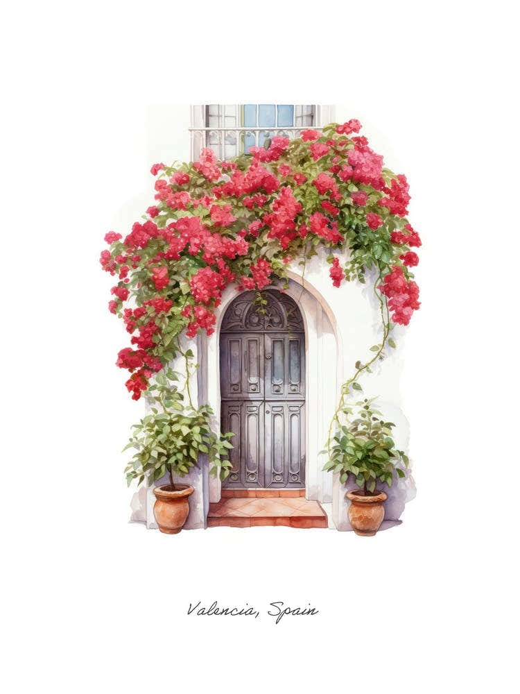 Valencia, Spain   Mediterranean Doors Watercolour Painting 1 Poster