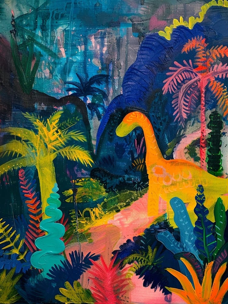 Colourful Tropical Dinosaur Mountain Painting