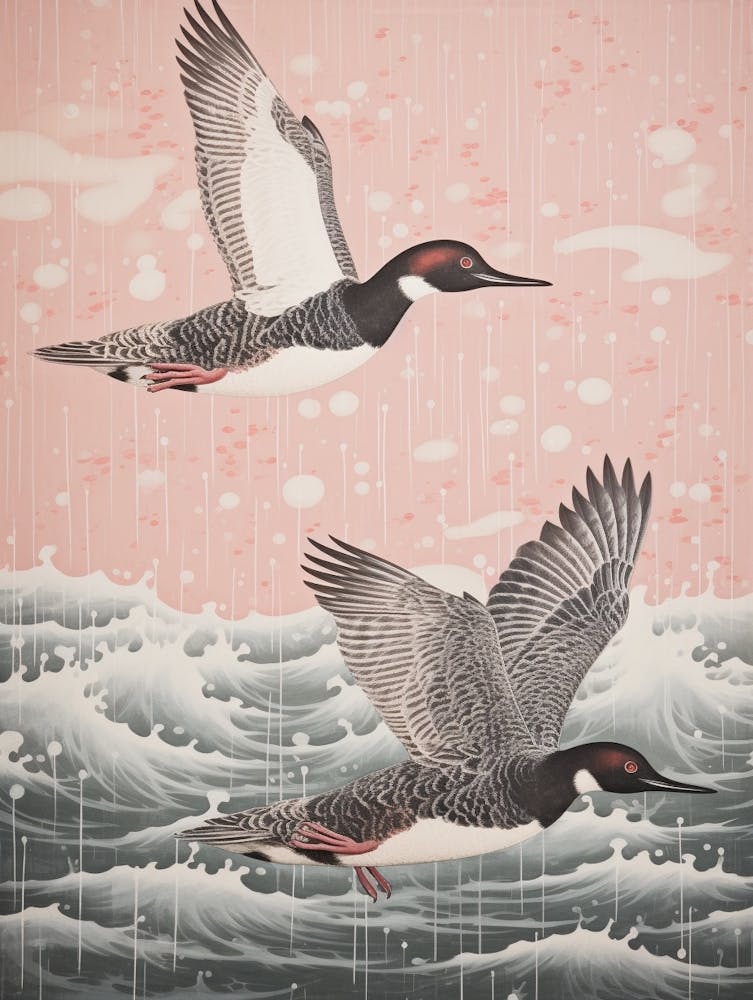 Vintage Japanisch Inspiriertes Vogel Kunstdruck Prachttaucher 2