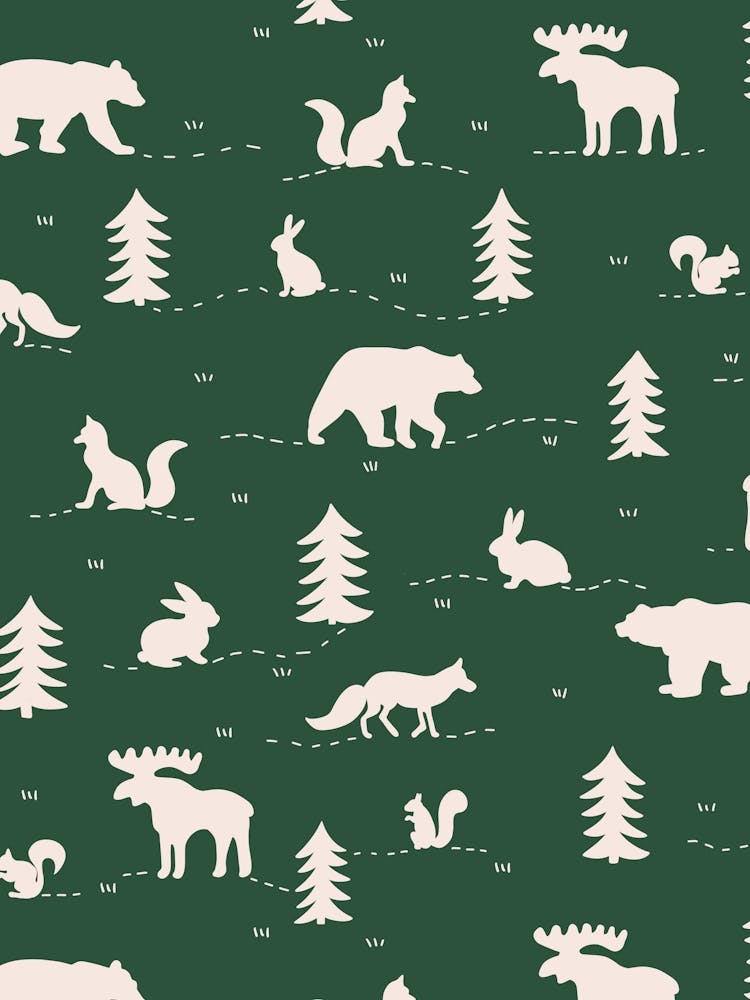 Forest Animals - Green and White Wild Animals and Pine Trees