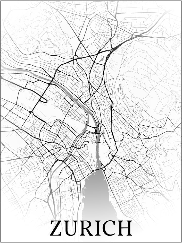 Zürich, Switzerland, City Map, Black And White Fade Design