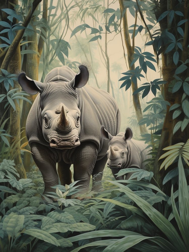 Rhino & Baby Rhino Realistic Illustration 3