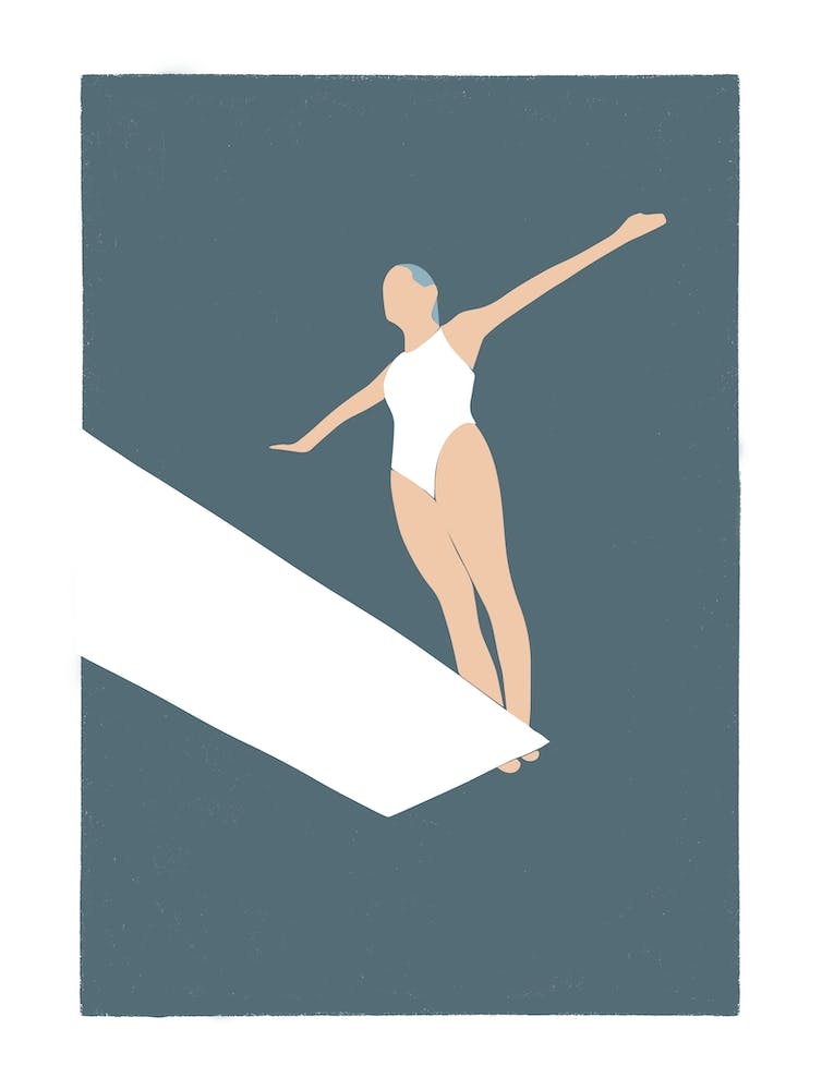 Woman on diving board about to jump into swimming pool