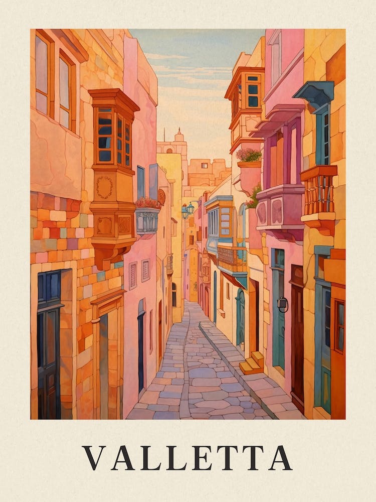 Valletta Malta 4 Vintage Pink Travel Illustration Poster