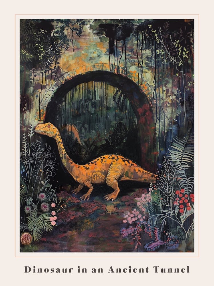Dinosaur In An Ancient Tunnel Covered In Vines Painting 2 Poster