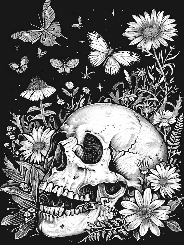 Schädel und Blumen