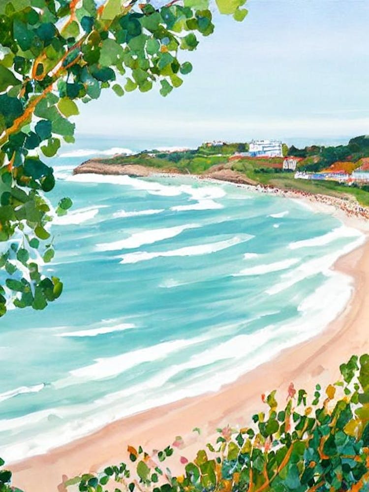 La Côte Des Basques Beach, Biarritz, France Contemporary Illustration  