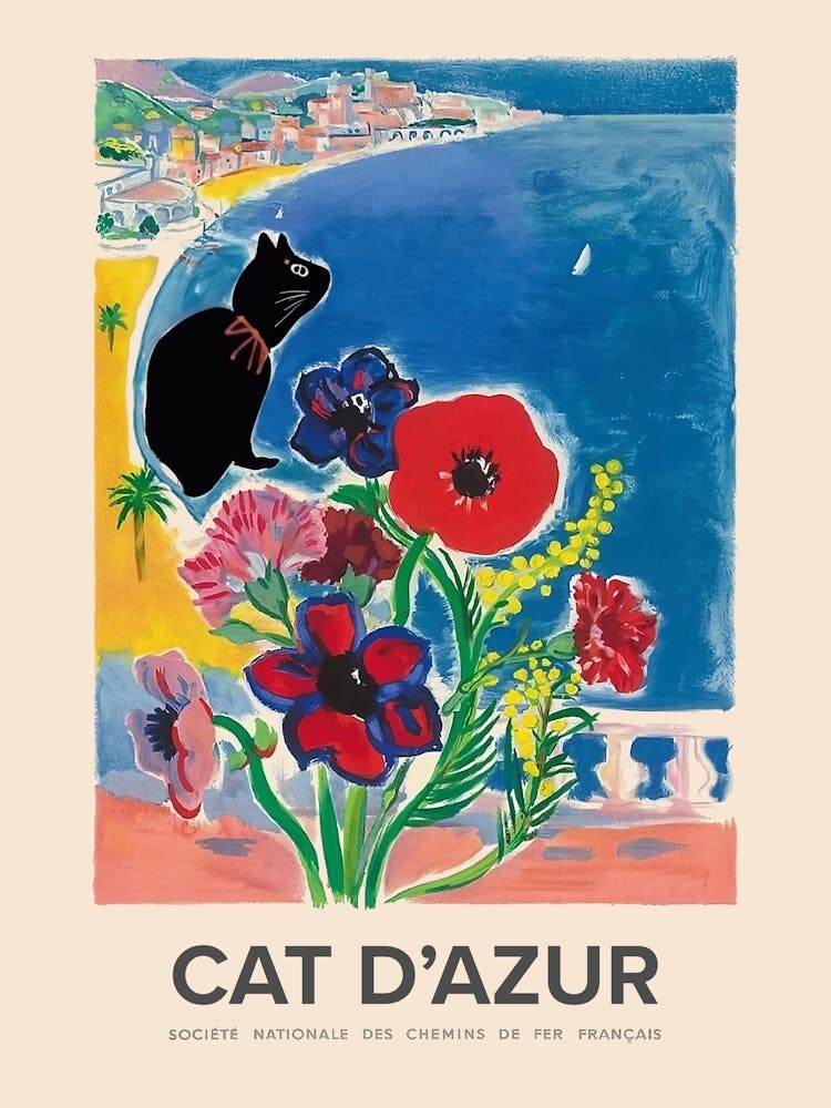 Black Cat, Cat D Azur In The Style Of Visitez Cote D Azur Vintage Travel Poster 2