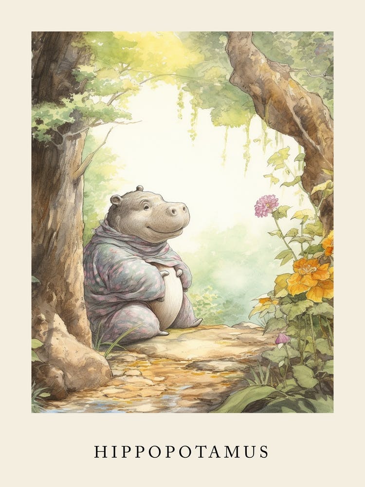 Beatrix Potter Inspired  Animal Watercolour Hippopotamus 1