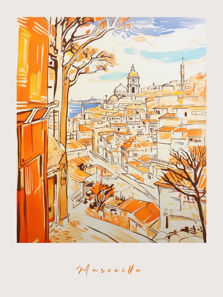 Marseille France Orange Drawing Poster